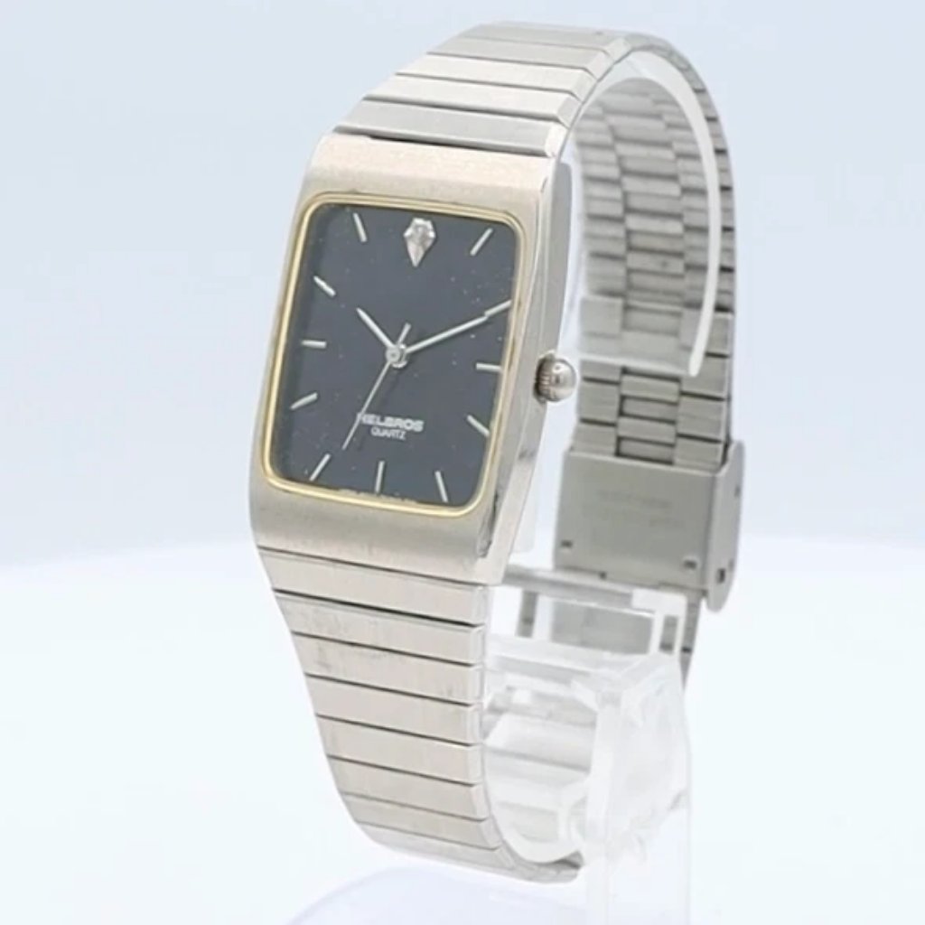 Vintage Helbros Black  Diamond Dial Ladies Quartz Wristwatch Japan Gold Tone